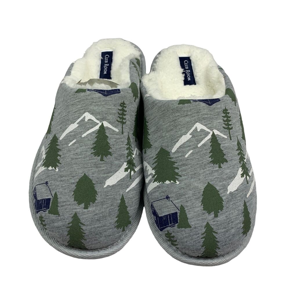 Club Room Mens Winter Forest Print Fleece Lined Slippers Gray 6-7 - Picture 2 of 5